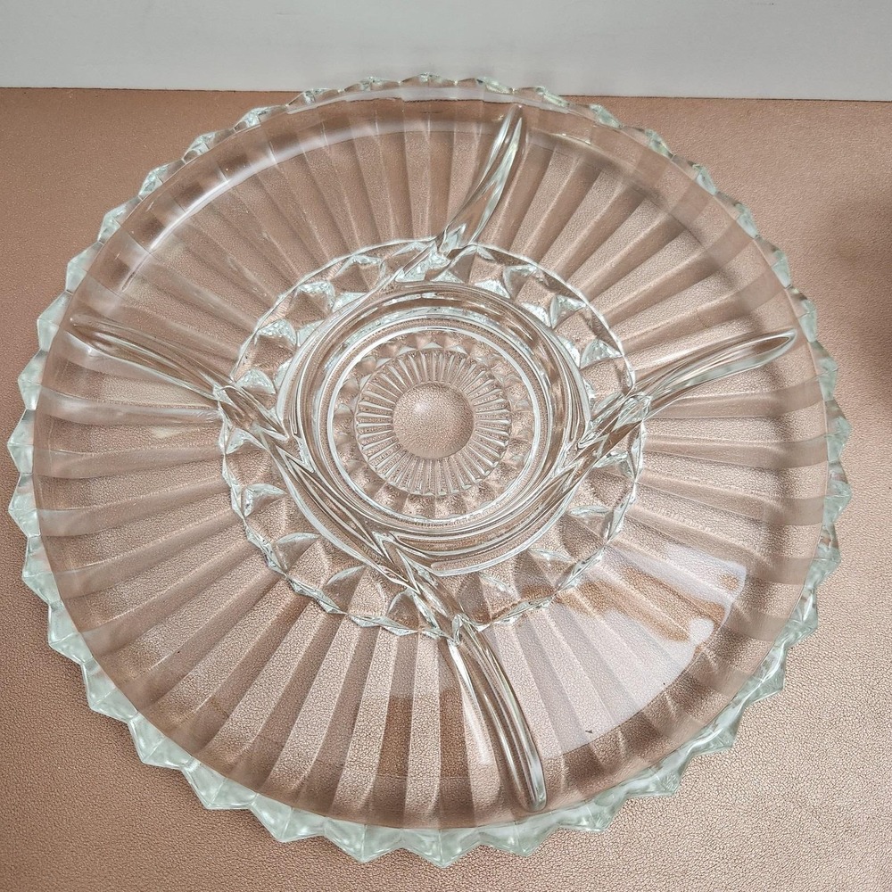Vintage KROMEX 12" Divided Glass Relish Tray Platter Sawtooth Ribbed 5 Sections
